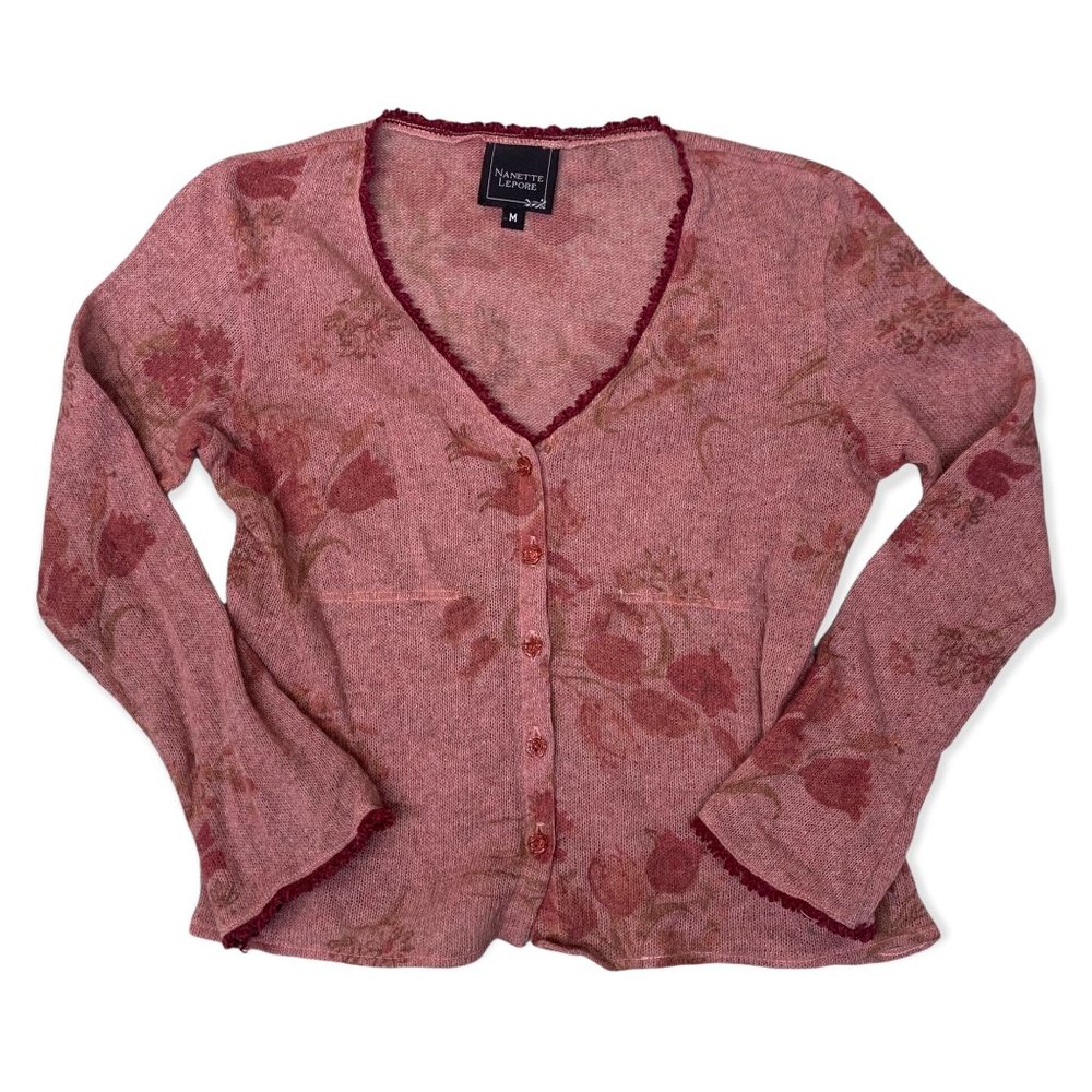 Vintage Y2K Parisian Nanette Lepore Rose Pink Floral V-Neck Cardigan Sweater
